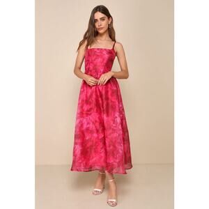 Lulu’s Darling Icon Lace-Up Midi Dress Size Extra Large Dark Pink Floral Organza